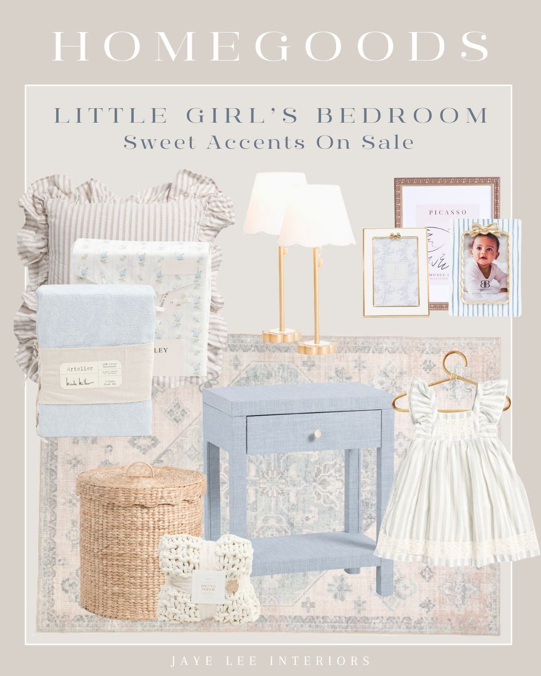 sweet accents on sale for a little girl's bedroom at Homegoods, Marshall's and TJ Maxx...

scalloped hamper, blue raffia nightstand, blue and white girls room, toddler girl bedroom, washable rug, washable kid's room rug, scalloped lampshade, ruffle throw pillows, nursery, picture frames, girl bedding, floral bedding 

 #LTKHome #LTKBaby #LTKKids