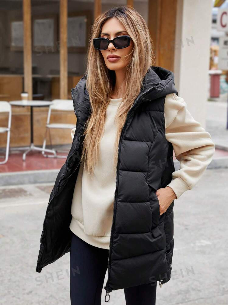 Aveloria Affinna Chaleco con capucha negro para mujer, diseño de largo medio, elegante chaqueta ... | SHEIN