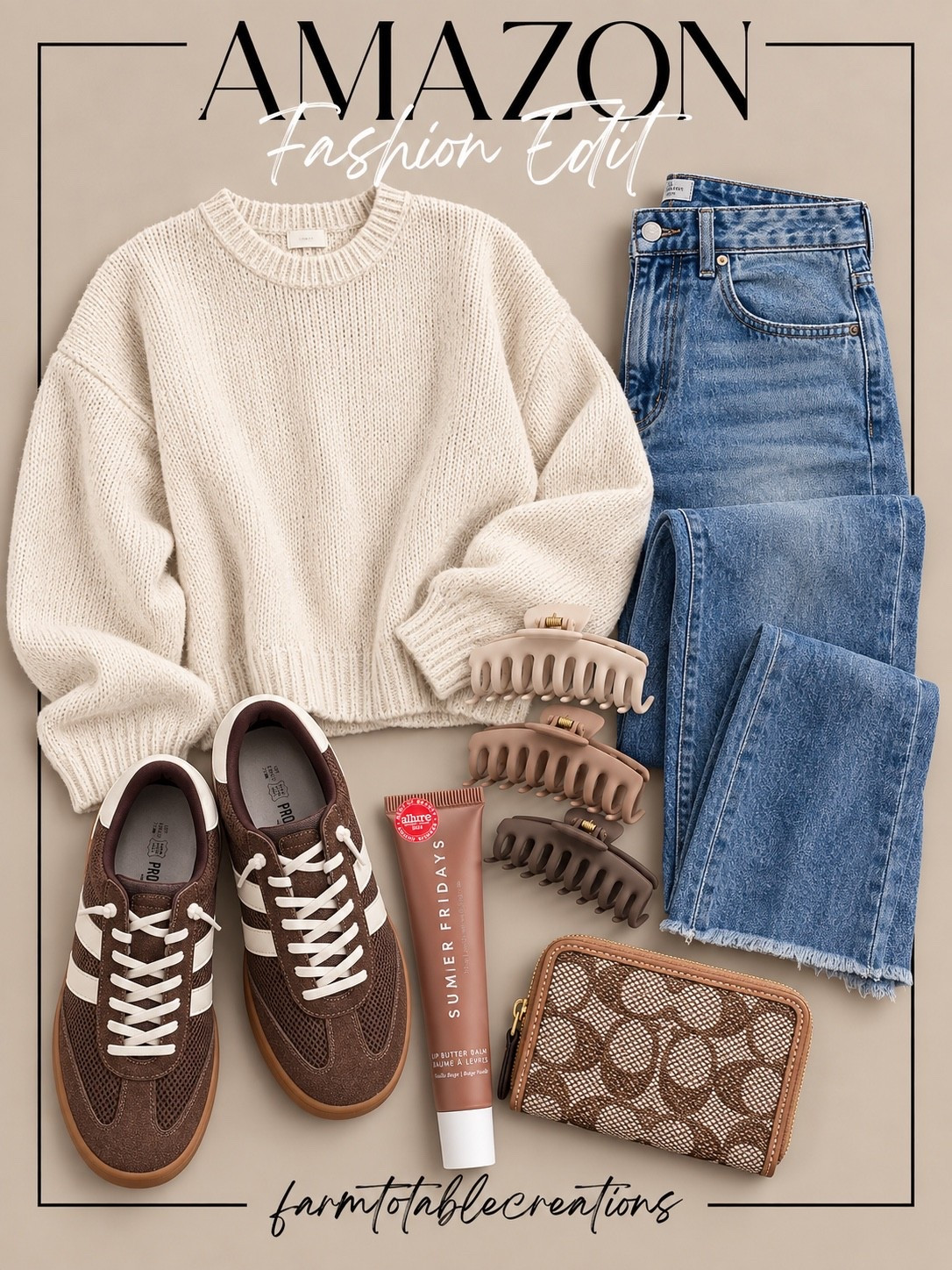 Amazon Casual Fall Fashion Finds 🤎

This Amazon outfit is the perfect mix of cozy and casual for fall! The oversized cream sweater paired with relaxed denim and retro-inspired brown sneakers gives that effortless, everyday look that’s comfortable without feeling too basic.

The neutral claw clips, compact wallet, and tinted lip balm are such easy finishing touches for busy days, errands, school drop-off, or a casual weekend. I love the warm brown and cream palette with classic denim!

Follow @farmtotablecreations on Instagram for more cozy home finds and trending decor.

#LTKStyle #AmazonFashion #AmazonFinds #AmazonStyle #FallFashion #FallOutfit #CasualStyle #EverydayStyle #CozyStyle #SweaterWeather #AmazonMustHaves #AffordableFashion #NeutralStyle #FallEssentials #LTKFinds

#LTKOver40 #LTKSaleAlert #LTKmomlife