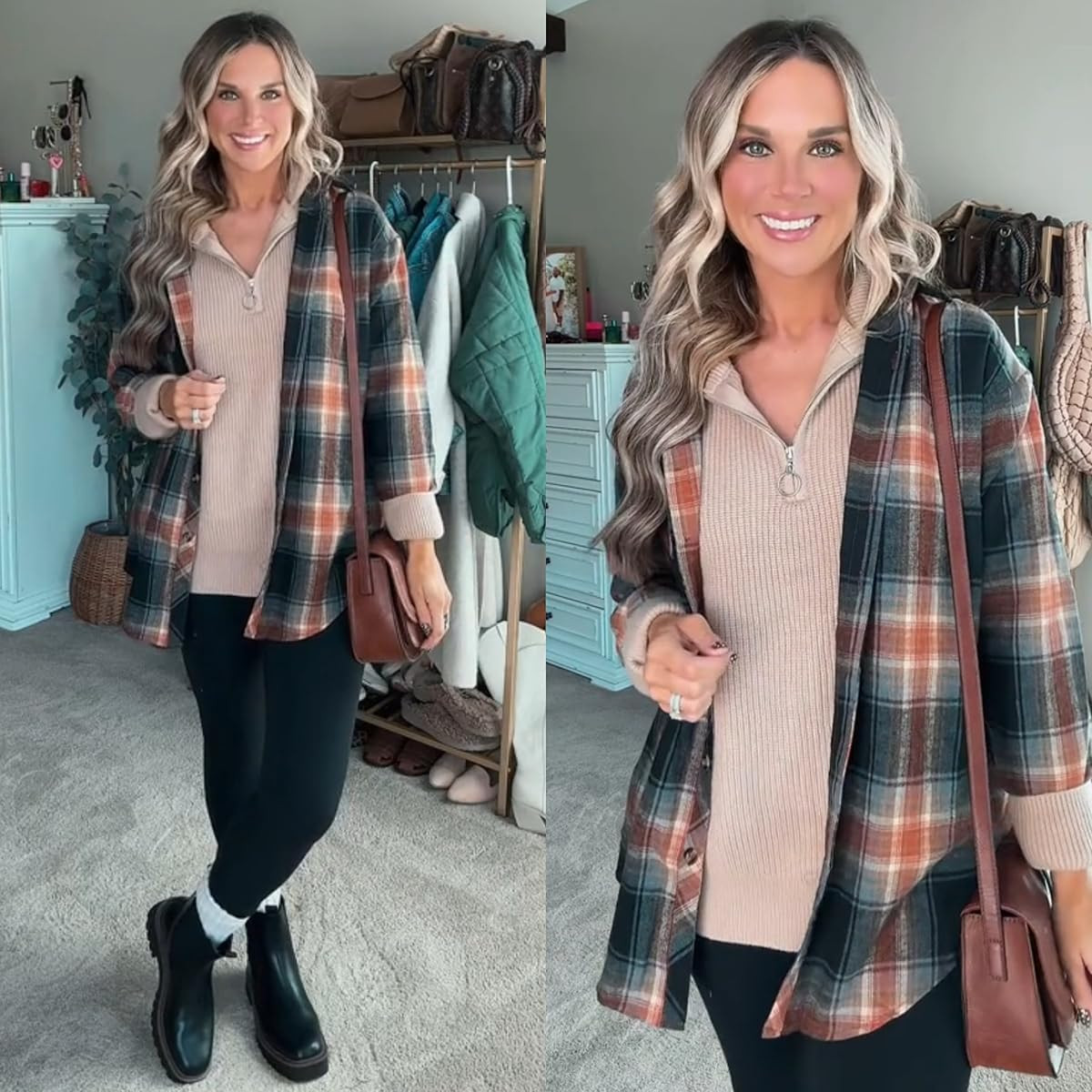 My favorite Fall outfit for heading to the pumpkin patch with the family! 🎃 I am 5’6 140lbs wearing a size small leggings, size small cozy 3/4 zip sweater, medium flannel, black boots fit true to size 

 #LTKSeasonal #LTKStyleTip #LTKShoeCrush