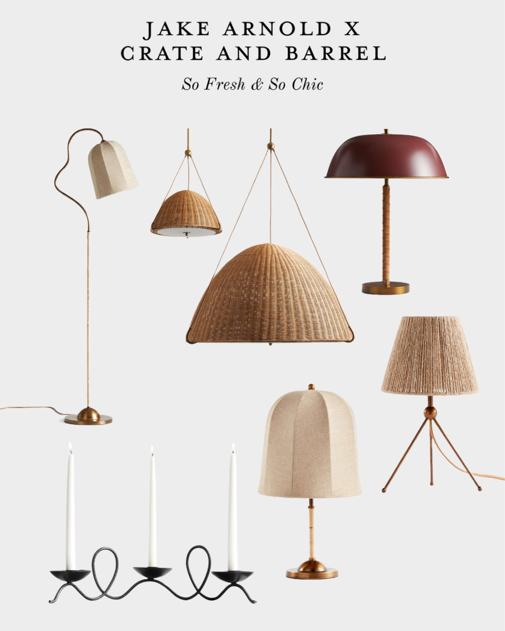 NEW! Jake Arnold x Crate and Barrel lighting collection.
-
Living room lighting - kitchen woven pendant lighting - kitchen island lighting - mini woven table lamp - suede and metal table lamp - curved floor lamp with linen shade - black wavy candle holder - coffee table decor - bedroom lighting 

#LTKFind #LTKhome