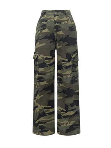 OYOANGLE Girl's Camo Print Cargo Pants Flap Pocket Mid Waist Wide Leg Casual Jeans Army Green 10-11Y | Amazon (US)