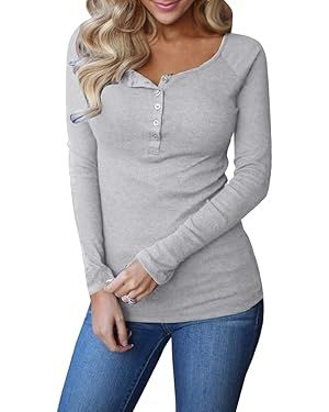 Remikstyt Womens Long Sleeve Henley Shirts Ribbed Button Down Casual Tunic Tops | Amazon (US)