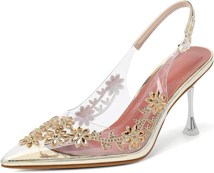 AUMOTED Women's Pointed Toe Heels Rhinestone Heels Pumps Wedding Shoes | Amazon (US)