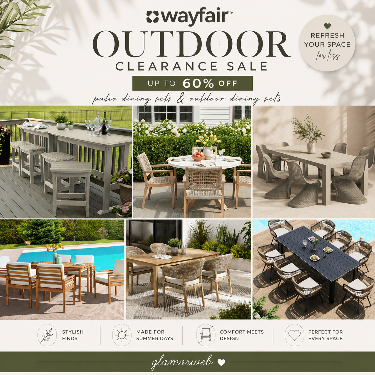 This is your soft reminder that your outdoor space deserves to look just as cute as your inside 🤍 Wayfair’s Outdoor Clearance Sale is giving up to 60% off on patio dining sets and outdoor dining sets that feel stylish, fresh, and perfect for summer days. I’m obsessed with how a simple dining setup outside can turn into your favorite spot at home — it’s giving slow mornings, sunset dinners, and all the cozy vibes 🌿 #WayfairOutdoor #PatioDiningSet #OutdoorDiningSet #OutdoorDecor #BackyardStyle #LTKHomeInspo #LTKDealsAlert #PatioSeason #OutdoorLivingSpace #HomeDecorFinds #SummerInspo #FurnitureFind #NeutralHome #OutdoorRefresh #DecorGoals #BackyardInspo #CozyLiving #SaleFinds #HomeStyle #OutdoorGoals 

 #LTKSeasonal #LTKHome #LTKSaleAlert
