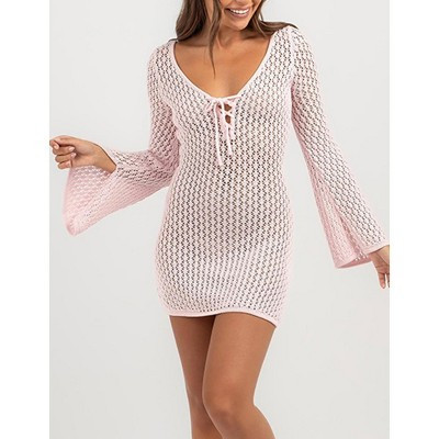 Women's Sheer Knit Hollowed Out Beach Cover Up Mini Dress Long Bell Sleeve Drawstring V Neck Bikini Cover Up Short Dress Pink M | Target