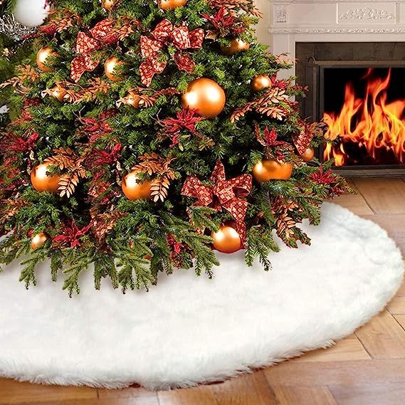 AerWo Faux Fur Christmas Tree Skirt 48 inches Snowy White Tree Skirt for Christmas Decorations | Amazon (US)