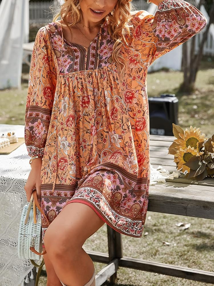 TEMOFON Women's Boho Dress Summer Mini Floral 3/4 Long Sleeve V Neck Flowy Loose Casual Beach Dre... | Amazon (US)