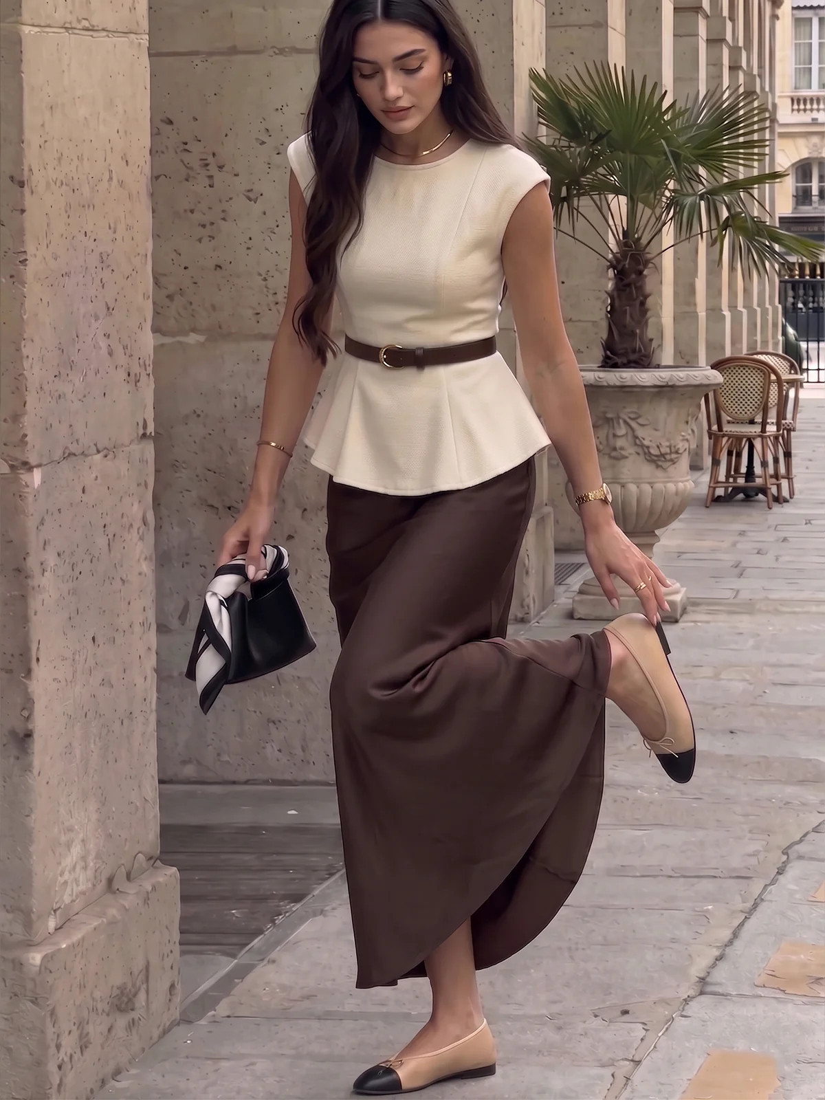 Belted Peplum Top & Satin Midi Skirt Set | Commense