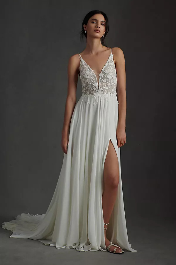 Jenny by Jenny Yoo Kelsey Chiffon & Lace V-Neck A-Line Wedding Gown By Jenny Yoo in White Size Us 22 | Anthropologie (US)