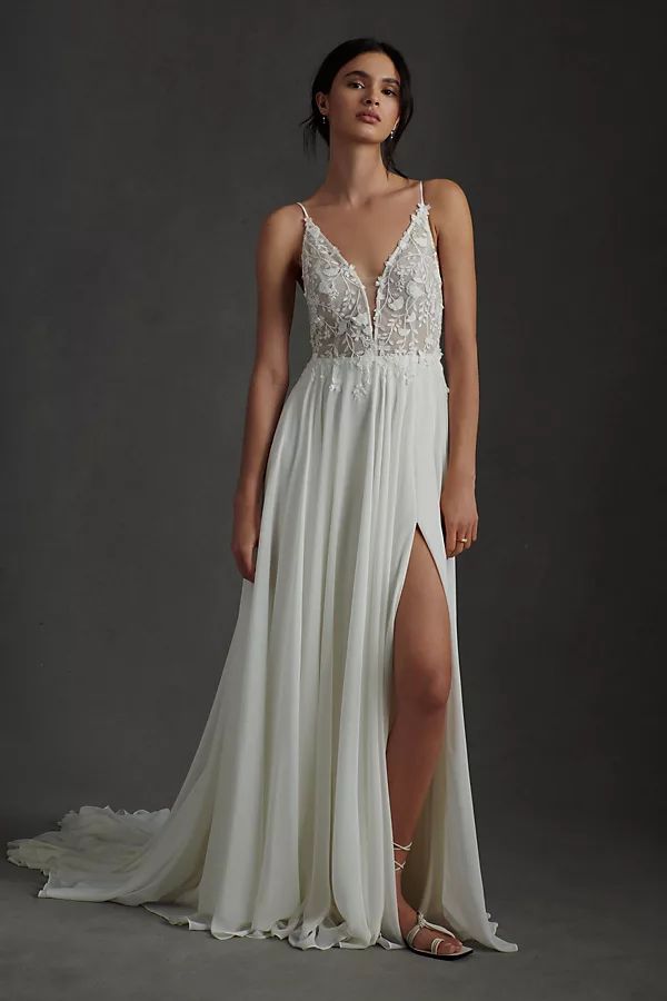 Jenny by Jenny Yoo Kelsey Chiffon & Lace V-Neck A-Line Wedding Gown By Jenny Yoo in White Size 2 | Anthropologie (US)