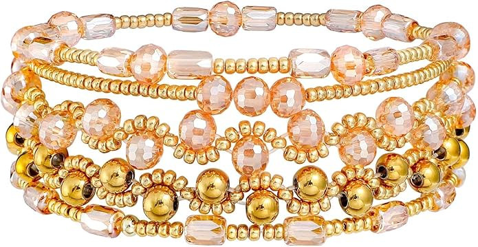 Dainty Gold Plated Pearl Crystal Beaded Bracelets Set for Women 14K Gold Plated Bead Pearl Beads ... | Amazon (US)