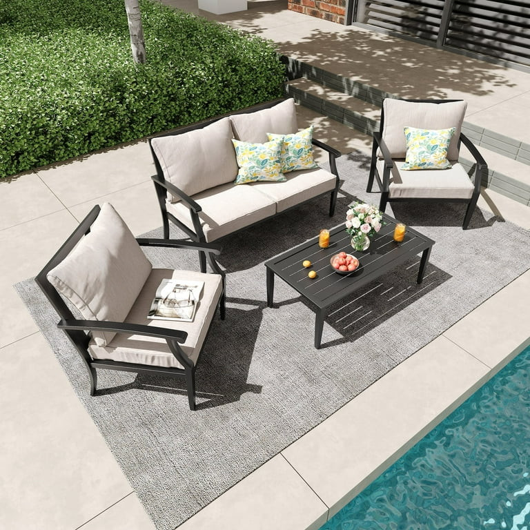 JOYURE 4 pieces Patio Furniture Set w/loveseat,Coffe Table,Outdoor Conversation Metal Sofa with H... | Walmart (US)