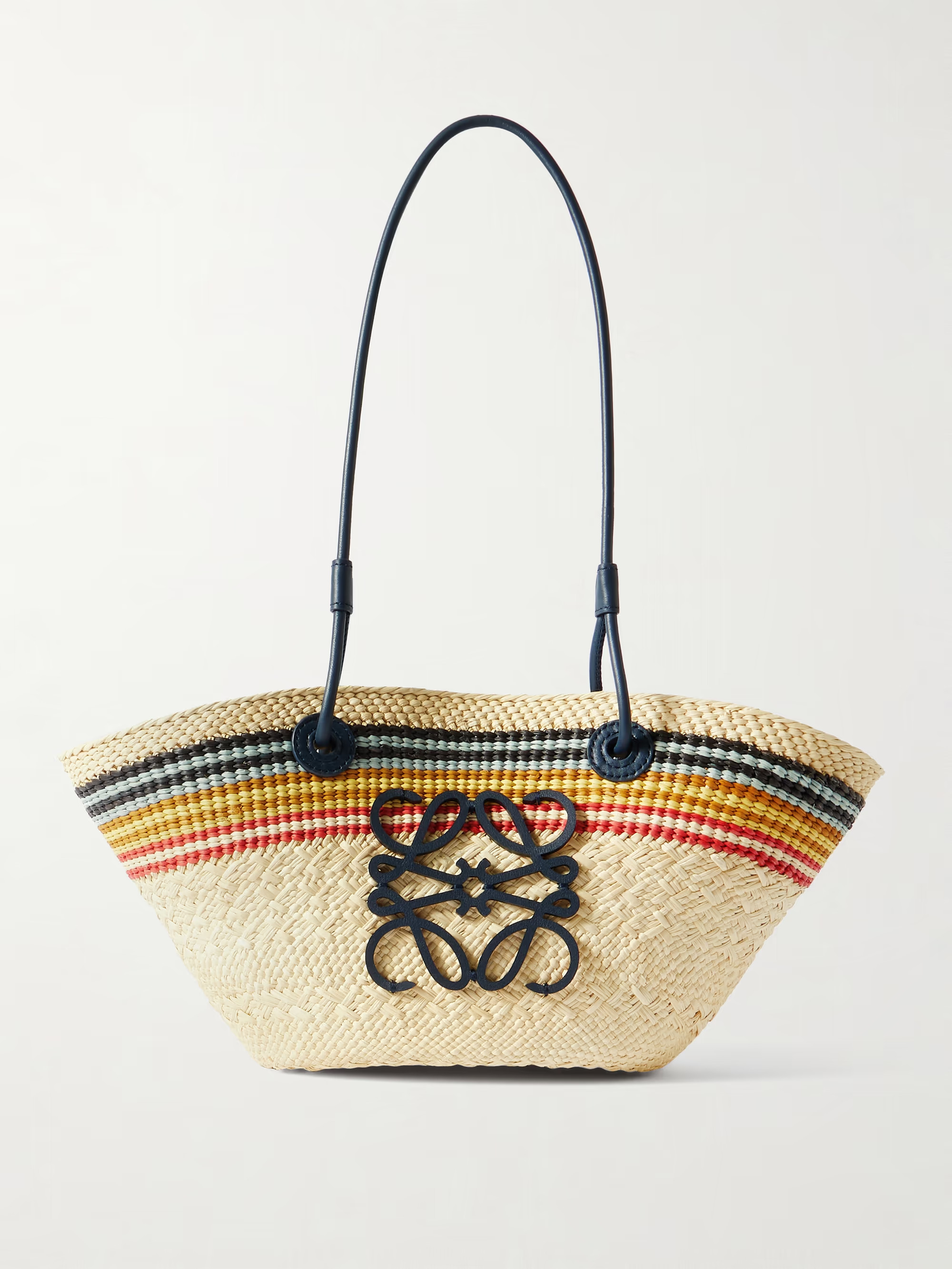 + Paula's Ibiza Anagram Basket small leather-trimmed striped raffia tote | NET-A-PORTER (US)