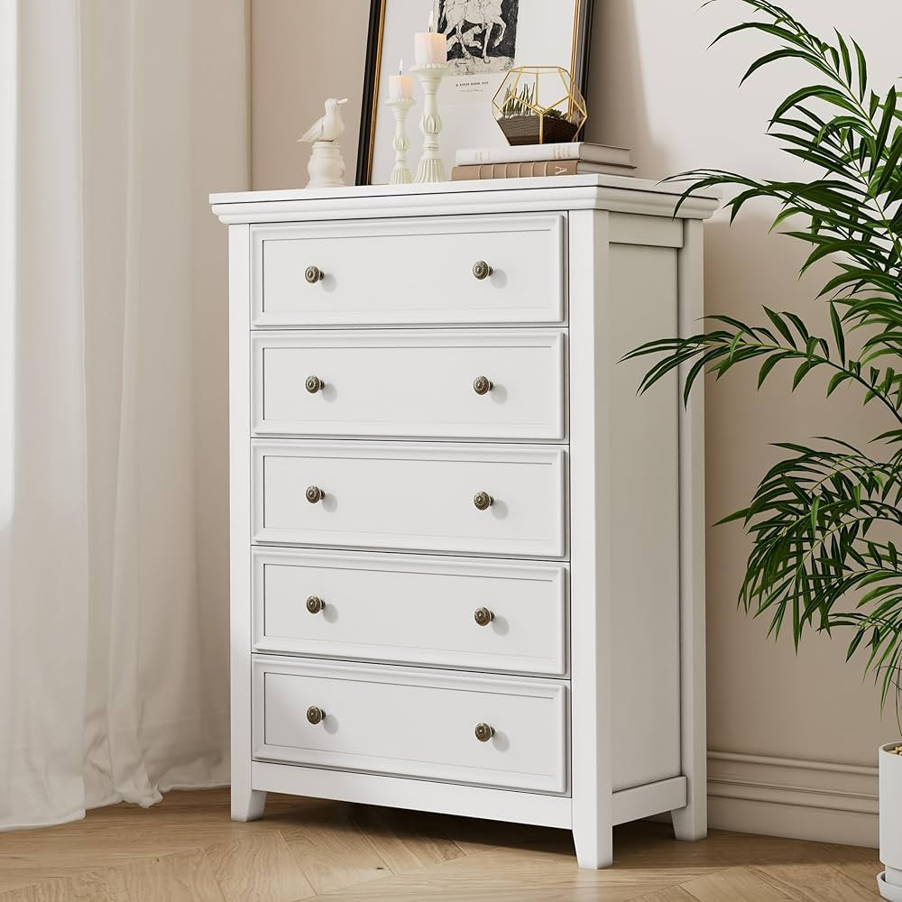 White Dresser, 5 Chest of Drawer Dresser for Bedroom, Modern Tall Nightstand with Deep Drawers, W... | Amazon (US)