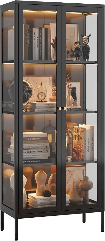 Display Cabinet with Glass Doors, Glass Display Cabinet with with 3 Color LED Lights, Curio Displ... | Amazon (US)