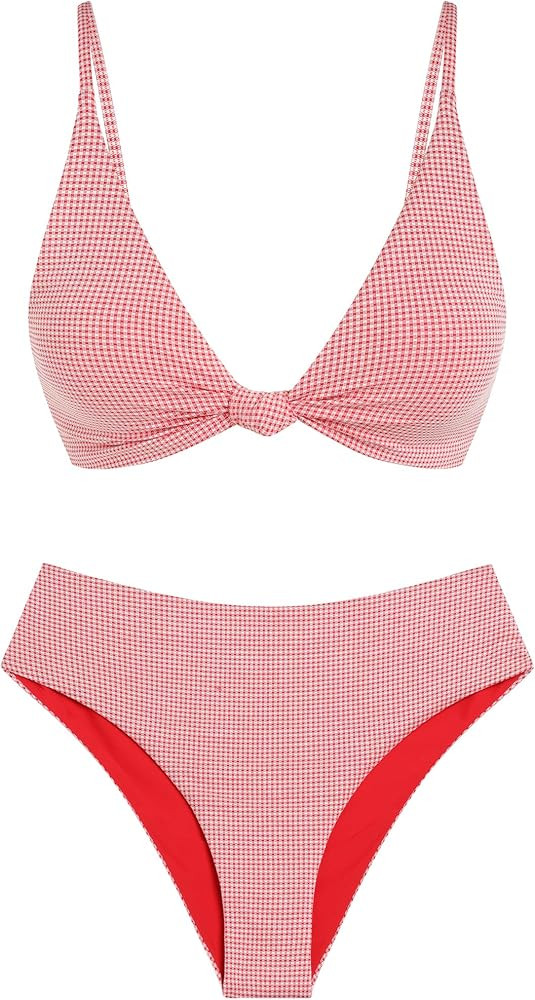 ZAFUL Bikini Set for Women V Neck Knot Front Push Up Bathing Suit High Cut Two Piece Swimsuit Bra... | Amazon (US)