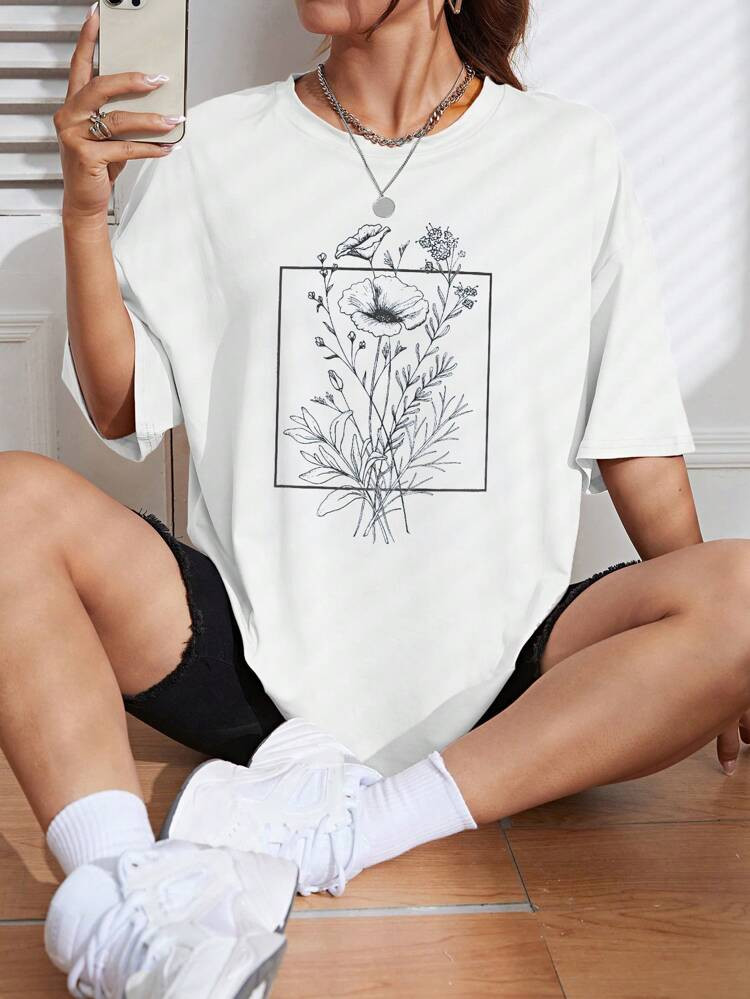 SHEIN EZwear Floral Print Drop Shoulder Tee | SHEIN