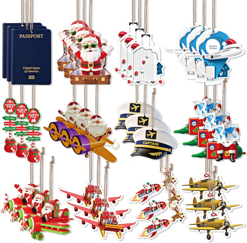 36 Pack Travel Christmas Tree Ornaments Bulk Wooden Airplane Pilot Passport Ornament Christmas Tr... | Amazon (US)
