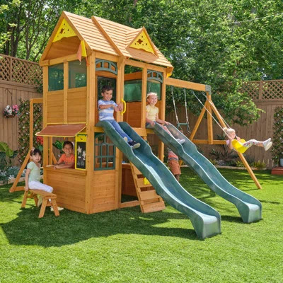 Overland Heights Wooden Swing Set, 2 Slides, Monkey Bars, Rock Wall & Café Window with Bench | Wayfair North America