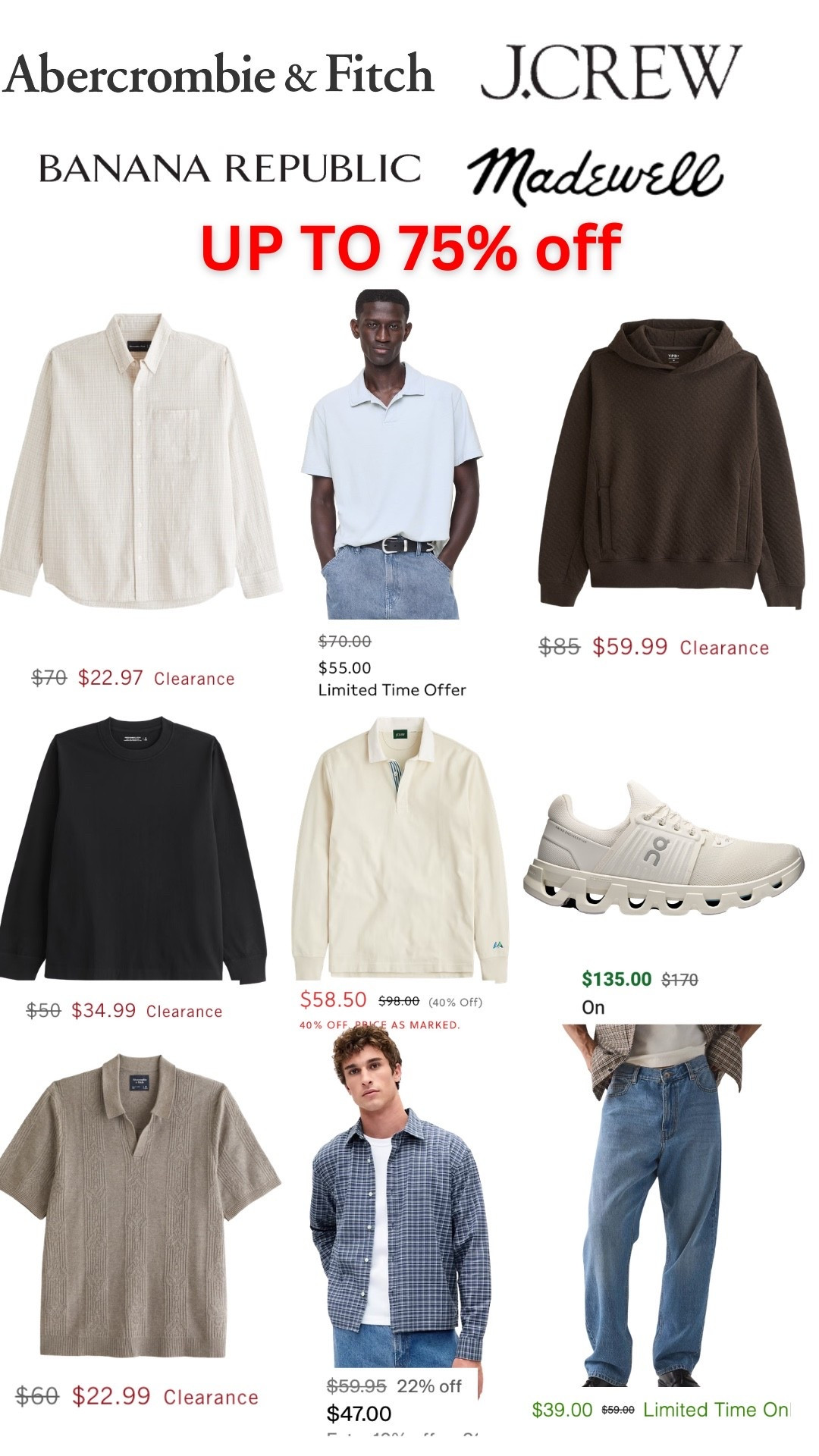 The men’s fashion sales are getting way too good right now 👀 Abercrombie, J.Crew, Banana Republic & more all have pieces up to 75% off — perfect time to grab summer essentials before sizes disappear. From knit polos and lightweight button-ups to relaxed denim and everyday sneakers, these are the kind of staples you’ll wear nonstop 🔥

#MensFashion #MensStyle #SummerStyle #Menswear #LTKMens #LTKSaleAlert #Abercrombie #JCrew #BananaRepublic #Madewell #SummerOutfits #MensOutfits #StyleInspo #AffordableFashion #MensWardrobe #OldMoneyStyle #CasualStyle #FashionDeals #SummerEssentials #OOTDMen

#LTKxMadewell #LTKActive #LTKHome