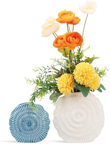 Coastal Vase Set of 2 - Seashell Decor Centerpiece for Shelf & Coffee Table, Blue and White Moder... | Amazon (US)