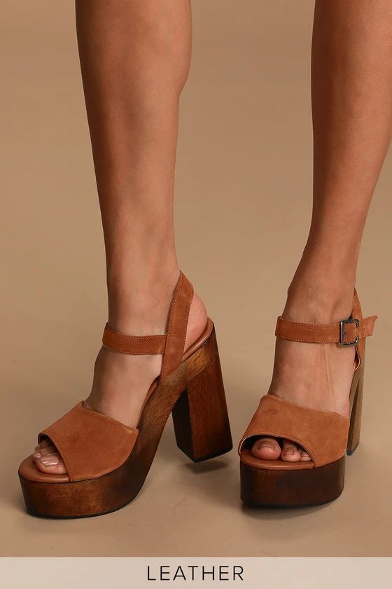 Lolita Leather Cognac Suede Wooden Platform Heels | Lulus (US)