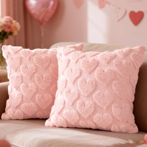 Lanpn Valentines Day Throw Pillow Covers 12x12 inch Set of 2, Valentine Decoration Soft Plush Love Pillowcase Faux Fur Decorative Anniversary Cushion Cover for Sofa Home Decor (Pink, Small Heart) | Amazon (US)