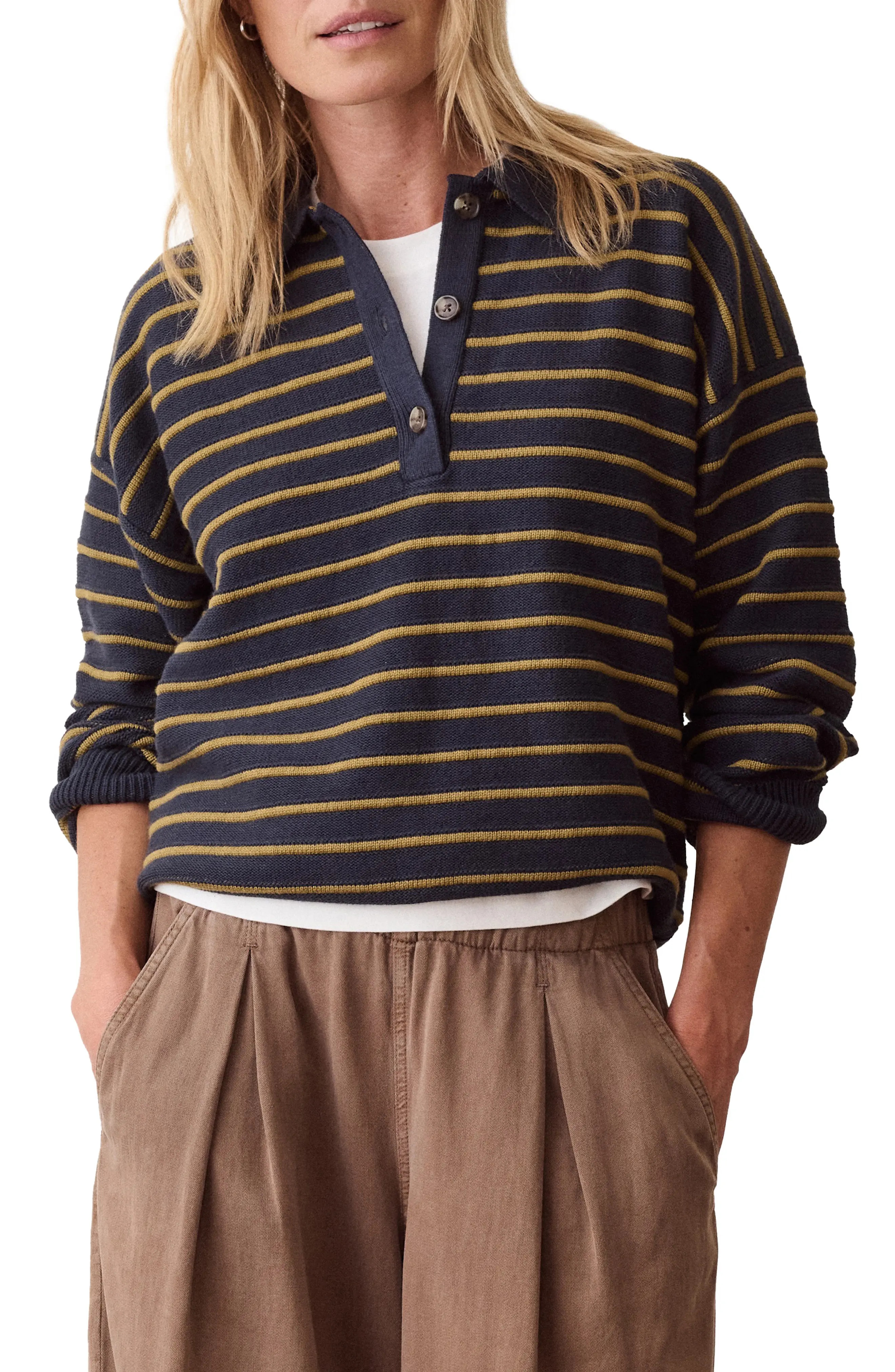 Marine Layer Mid Guage Cotton Rugby Polo Sweater in Twilight And Green Stripe at Nordstrom, Size X-Large | Nordstrom