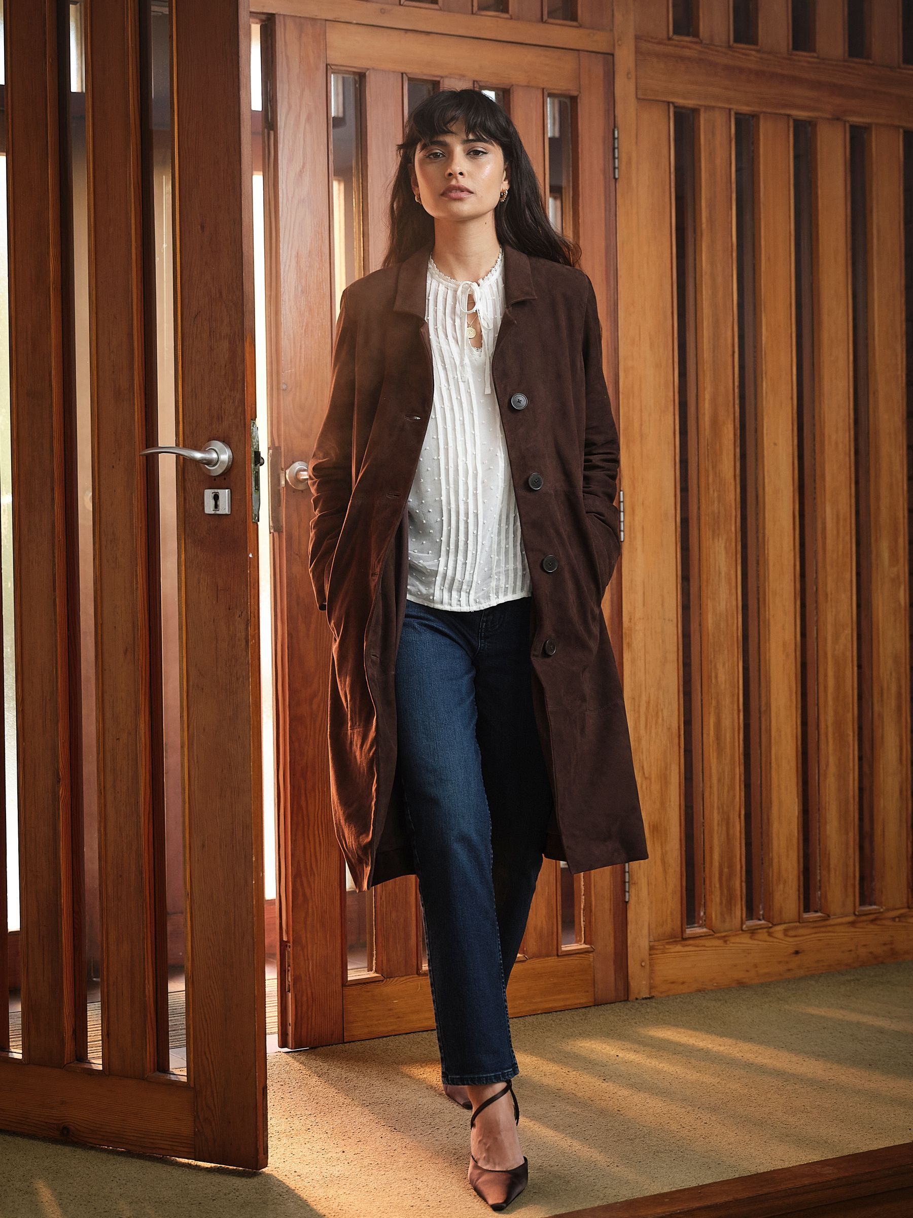Chocolate Brown Lauren Long 100% Suede Jacket | Fat Face