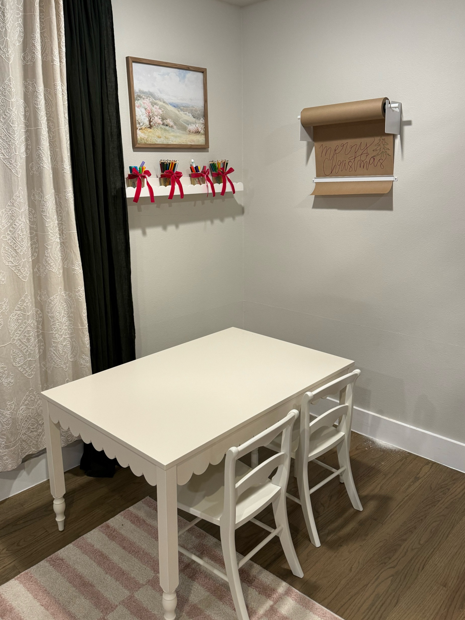 Playroom coloring corner 
Pottery Barn table and chairs 
Pottery Barn shelf 
Paper dispenser 

#LTKhome #LTKfamily #LTKkids