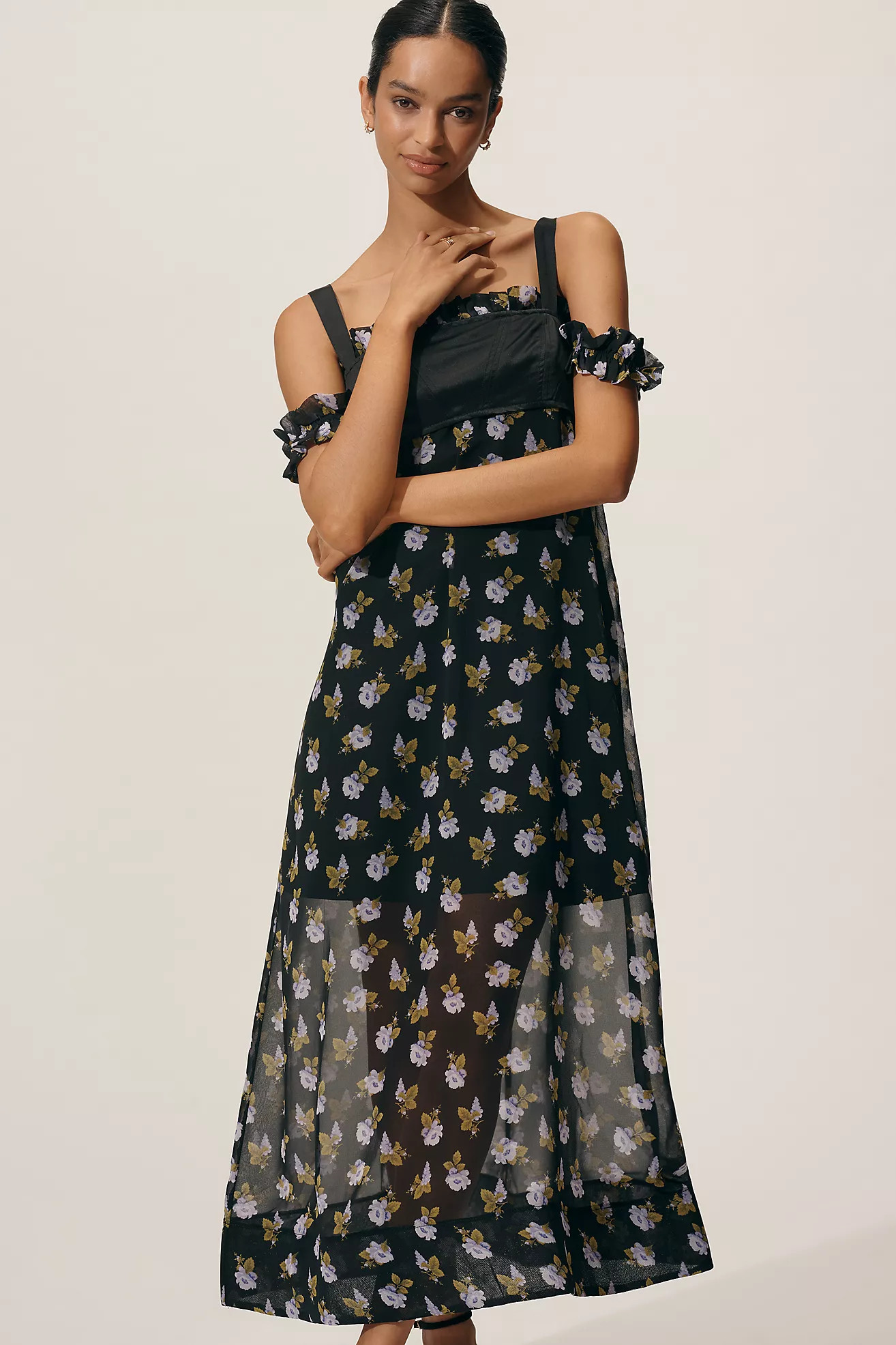Maeve Square-Neck Sheer Floral Midi Dress | Anthropologie (US)