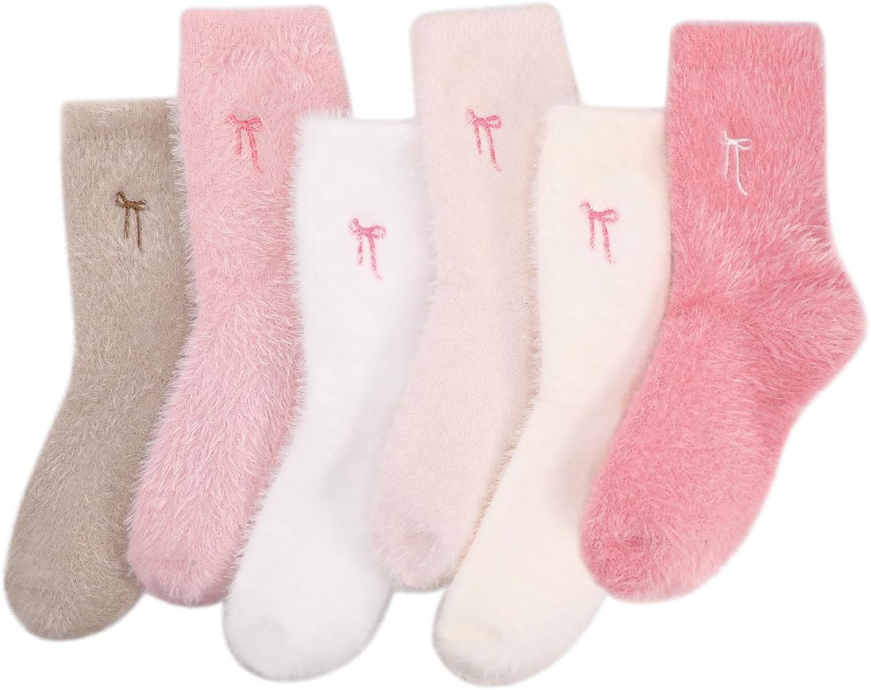 6 Pairs Womens Bow Fuzzy Socks Winter Cozy Fluffy Warm Socks Home Sleeping | Amazon (US)