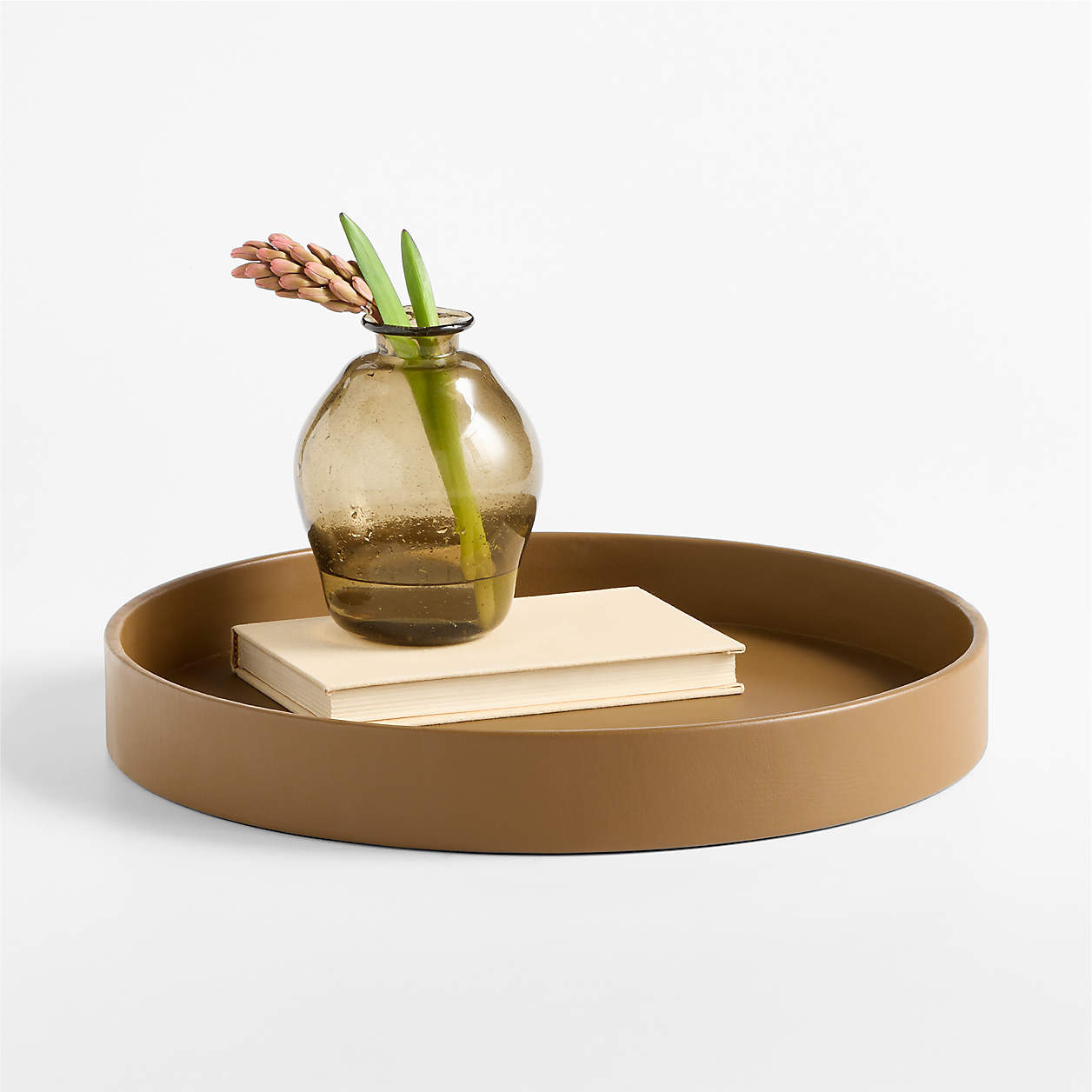Stratton Small Round Maple Leather Decorative Tray 16" | Crate & Barrel | Crate & Barrel