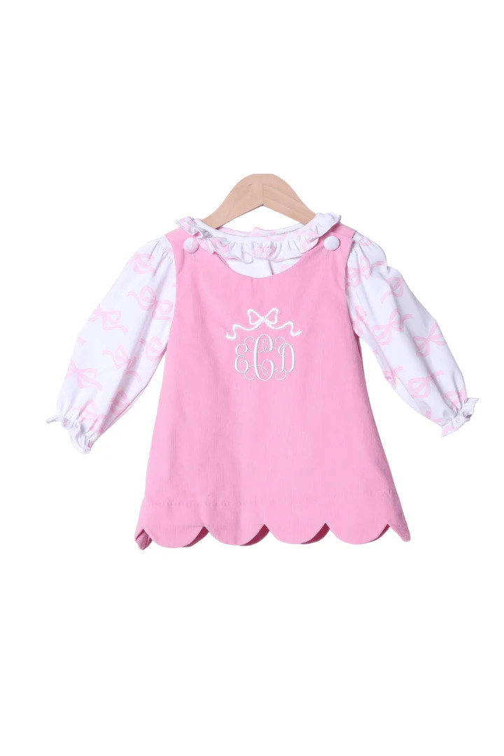 Embroidered Bow 2 Piece Pink Corduroy Dress | The Smocked Flamingo
