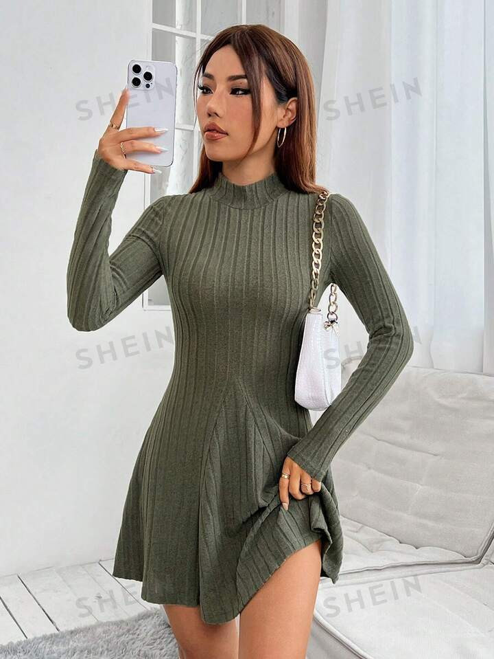 SHEIN PETITE Mock Neck Ribbed Knit Spring Women Dress | SHEIN