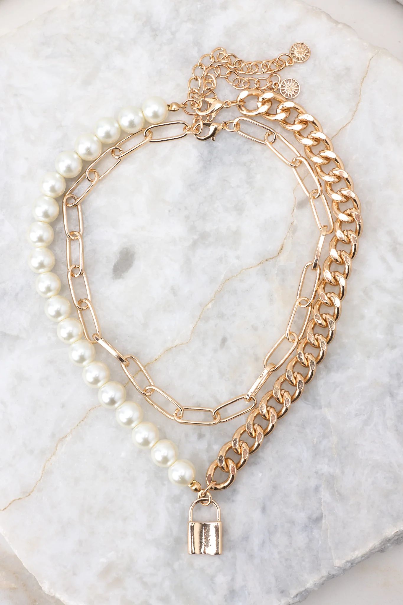 Days Like Today Gold Pearl Necklace | Red Dress 