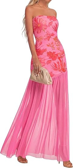 KIRUNDO Wedding Guest Dresses for Women 2026 Summer Strapless Bodycon Floral Maxi Mesh Tulle Hem ... | Amazon (US)
