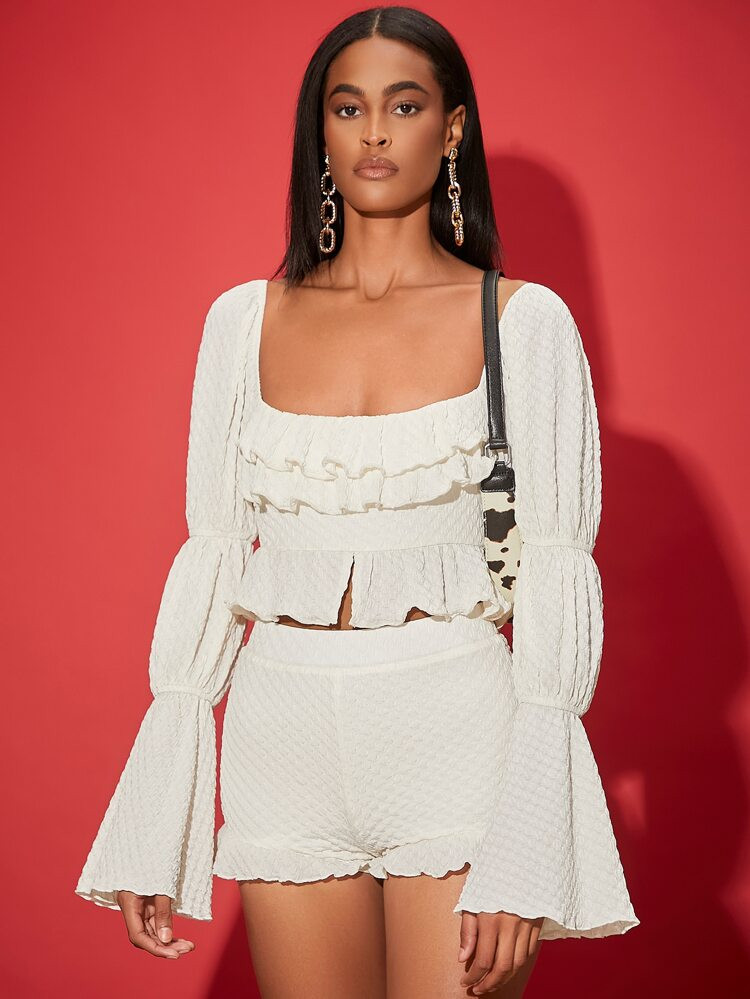 SHEIN Gathered Sleeve Ruffle Trim Split Hem Crop Top & Shorts | SHEIN