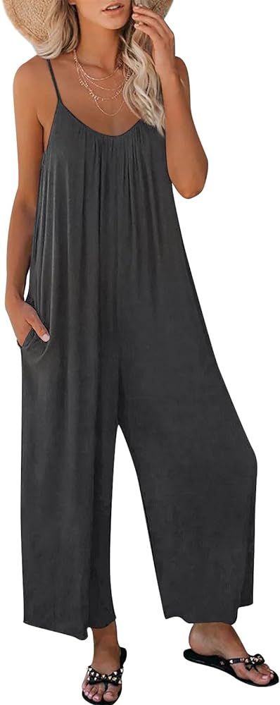 AUTOMET Jumpsuits for Women Loose Casual Sleeveless Adjustable Spaghetti Strap Stretchy Wide Leg ... | Amazon (US)