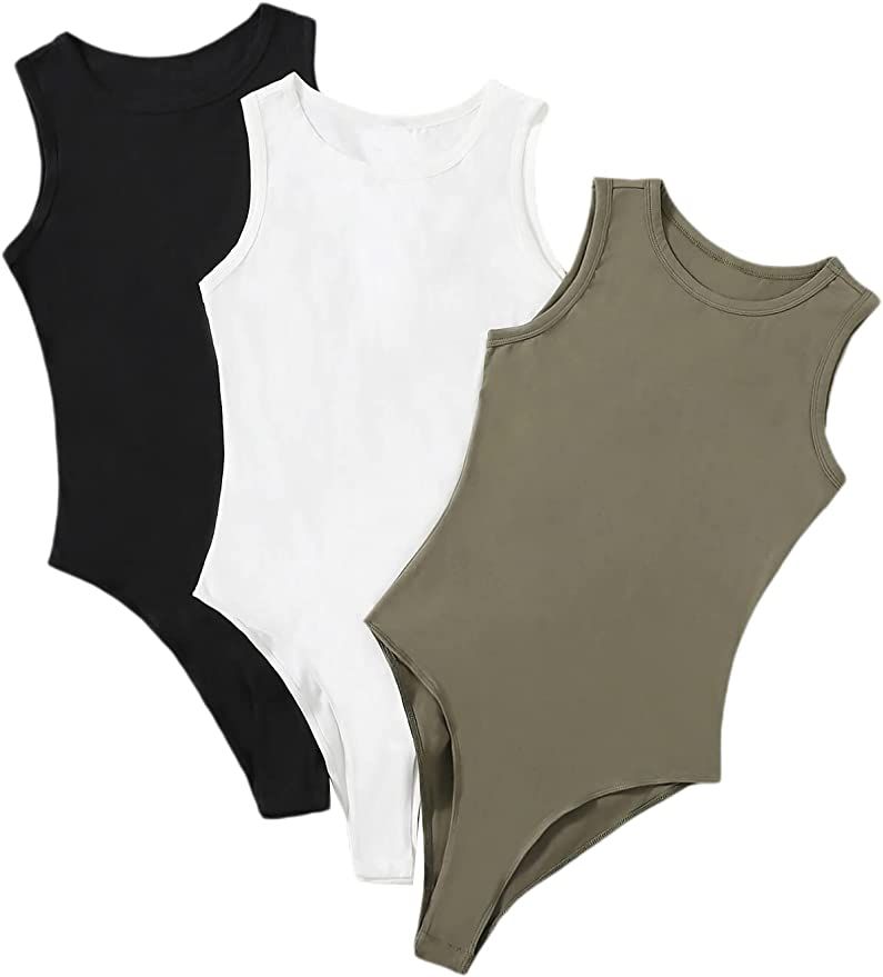 Milumia Women's 3 Pack Sleeveless Bodysuit Solid Round Neck Skinny Tank Tops Set | Amazon (US)
