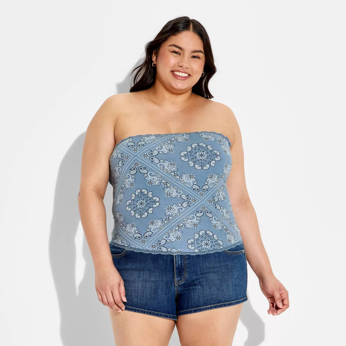 Women's Strapless Lace Trim Tube Top - Wild Fable\u2122 Blue Paisley 3X | Target