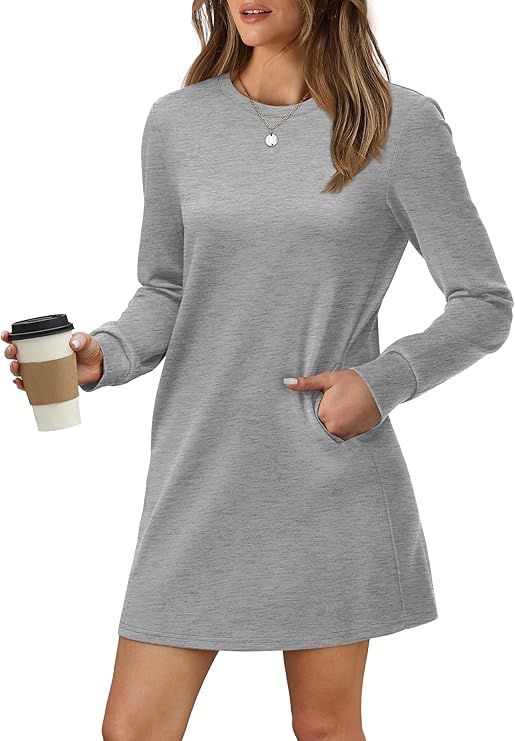 WIHOLL Dresses for Women Long Sleeve Casual Loose Fit Fall Fashion Crewneck Mini Dress with Pocke... | Amazon (US)