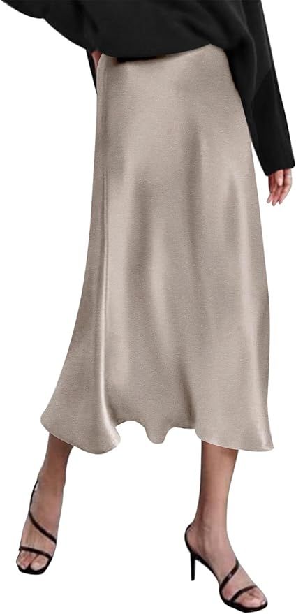 Zeagoo Womens Satin Skirts Casual Silk Midi Skirt High Waisted Long Skirts Zipper Elegant Work Sk... | Amazon (US)