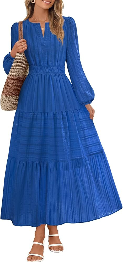 MEROKEETY Fall Dresses for Women 2025 Winter Long Sleeve Casual V Neck Tiered Cotton Midi Maxi Dr... | Amazon (US)