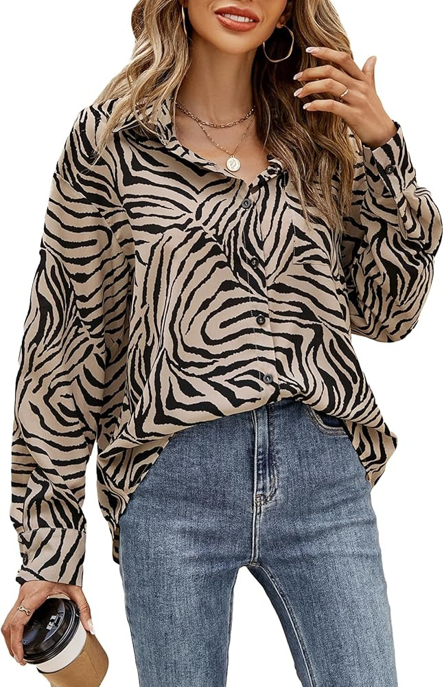 Verdusa Women's Zebra Striped Drop Shoulder Shirt Long Sleeve Button Up Blouse Top | Amazon (US)