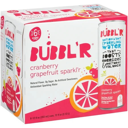 BUBBL'R Antioxidant Sparkling Water, Cranberry Grapefruit Sparkl'r, 12 fl oz, 6 Pack Cans | Walmart (US)