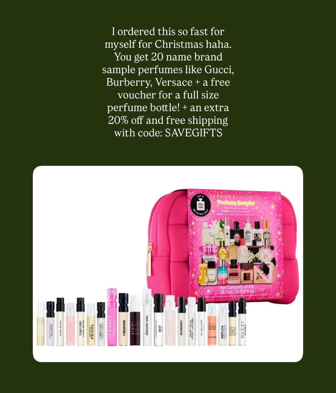 Such a good gift idea! I ordered for myself and it took 2 days to arrive in the mail! Name brand perfume samples + a free voucher for a full size bottle! Make sure to sign in and use code at check out for free shipping + 20% off! This won’t last long! 

#LTKBeauty #LTKHoliday #LTKGiftGuide