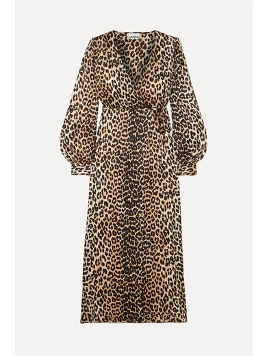 GANNI - Leopard-print Silk-blend Satin Wrap Dress - Leopard print | NET-A-PORTER (US)