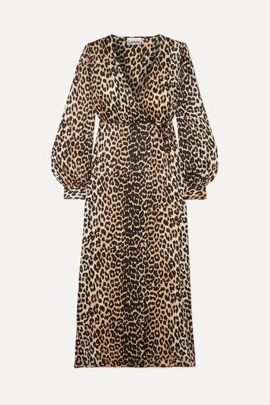 GANNI - Leopard-print Silk-blend Satin Wrap Dress - Leopard print | NET-A-PORTER (US)
